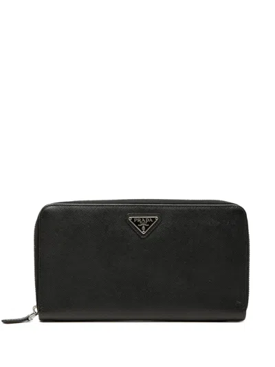 Pre-owned Prada 2000-2013 Saffiano Zip Around Travel Wallet Long Wallets In Black