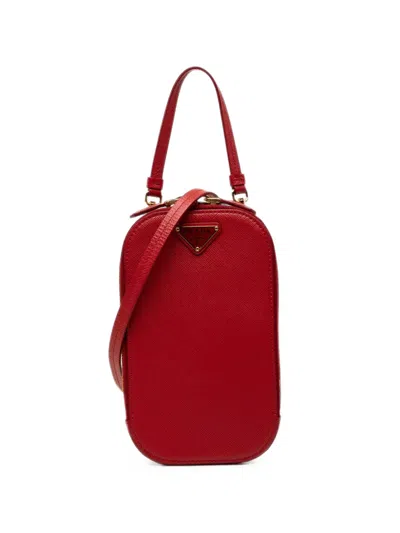 Pre-owned Prada 2000-2013 Saffiano Zip Phone Holder Satchel In Red