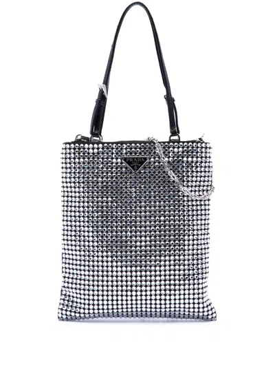 Pre-owned Prada 2000-2013 Satin Crystal Embellished Chain Flat Tote Satchel In Black
