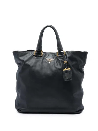 Pre-owned Prada 2000-2013 Soft Calf Open Convertible Tote Satchel In Black