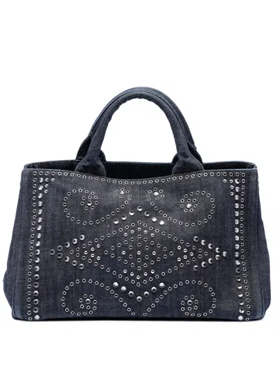 Pre-owned Prada 2000-2013 Studded Denim Canapa Logo Satchel In Gray