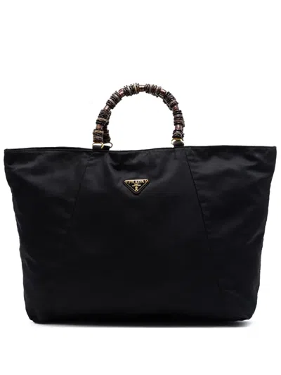 Pre-owned Prada 2000-2013 Tessuto Beaded Handle Tote Bag In Black