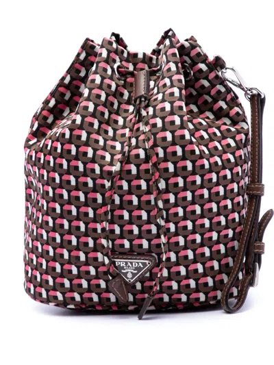 Pre-owned Prada 2000-2013 Tessuto Geometric Print Drawstring Pouch In Brown