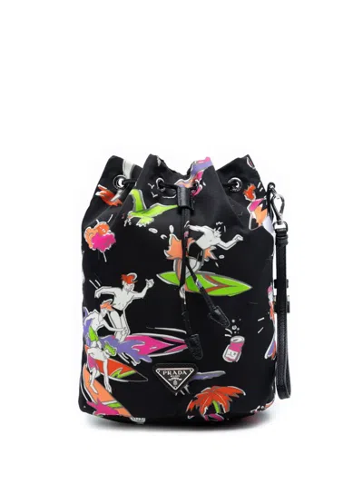 Pre-owned Prada 2000-2013 Tessuto Graphic Surf Drawstring Pouch In Black