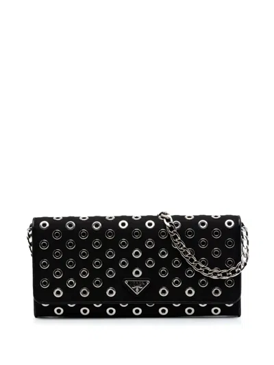 Pre-owned Prada 2000-2013 Tessuto Grommet Wallet On Chain Crossbody Bag In Black