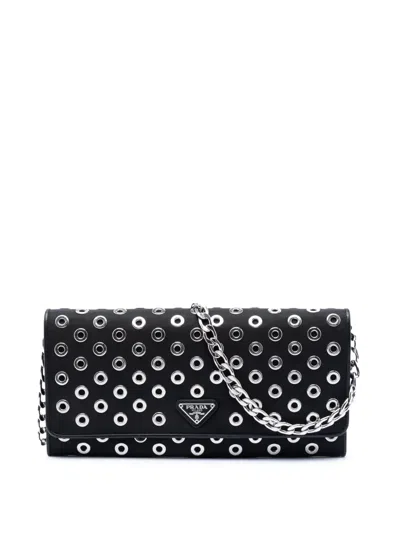 Pre-owned Prada 2000-2013 Tessuto Grommet Wallet On Chain Crossbody Bag In Black