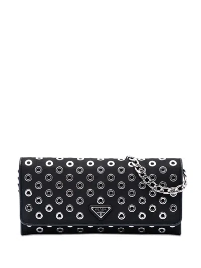 Pre-owned Prada 2000-2013 Tessuto Grommet Wallet On Chain Crossbody Bag In Black