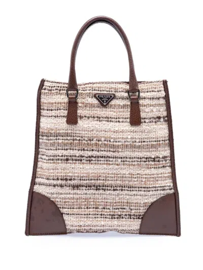 Pre-owned Prada 2000-2013 Vitello Trimmed Tweed Flat Tote Bag In Neutrals