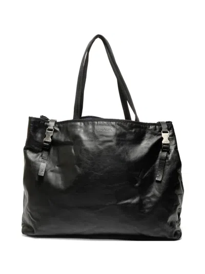 Pre-owned Prada 2000-2020s Debossed Logo Buckle-detail Tote Bag In Black