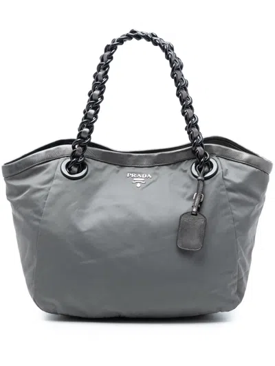 Pre-owned Prada 2000-2025 Metallic Leather Trimmed Tessuto Tote Bag In Gray