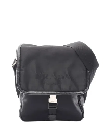 Pre-owned Prada 2000-2025 Saffiano Trimmed Tessuto Buckle Messenger Bag Crossbody Bag In Black