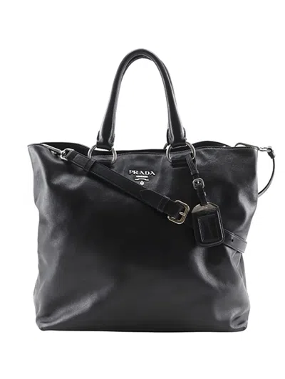 Pre-owned Prada 2000-2025 Soft Calf Open Convertible Tote Satchel In Black