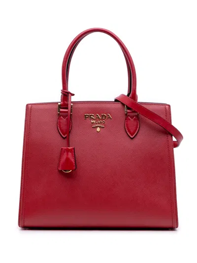 Pre-owned Prada 2000-2025 Soft Calf Trimmed Saffiano Convertible Tote Satchel In Red