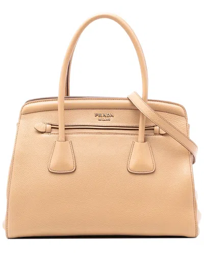 Pre-owned Prada 2000-2025 Vitello Daino Cuir Frame Convertible Tote Satchel In Brown