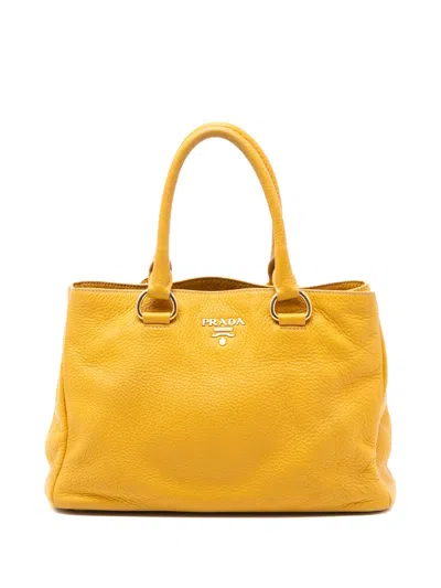Pre-owned Prada 2000-2025 Vitello Daino Open Convertible Tote Satchel In Yellow