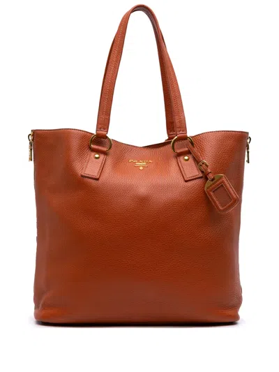 Pre-owned Prada 2000-2025 Vitello Daino Side Zip Shopper Tote Bag In Orange