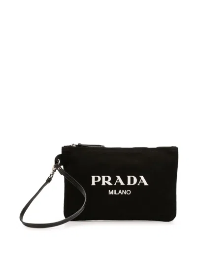 Pre-owned Prada 2000-2026 Canapa Canvas Logo Wrislet Pouch In Black
