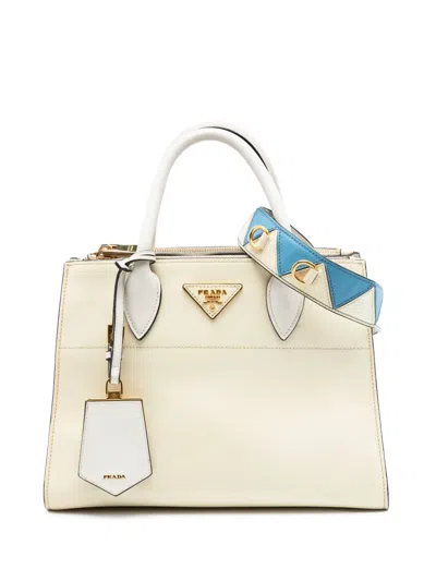 Pre-owned Prada 2000-2026 City Calf Trimmed Saffiano Greche Paradigme Bag Satchel In White