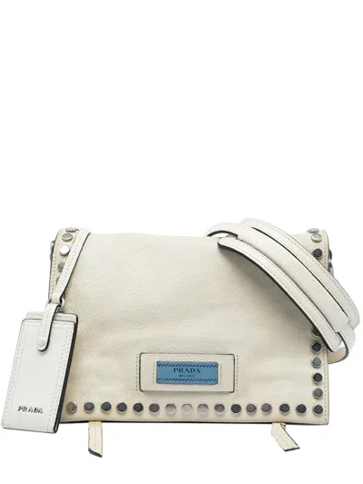 Pre-owned Prada 2000-2026 Glace Calfskin Studded Etiquette Flap Satchel In White