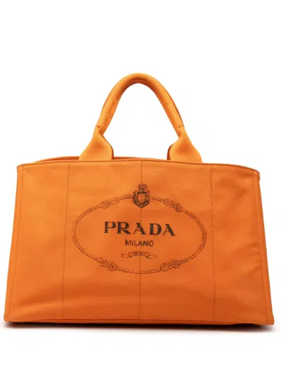 Pre-owned Prada 2000-2026 Large Canvas Canapa Logo Tote Satchel In 橘色