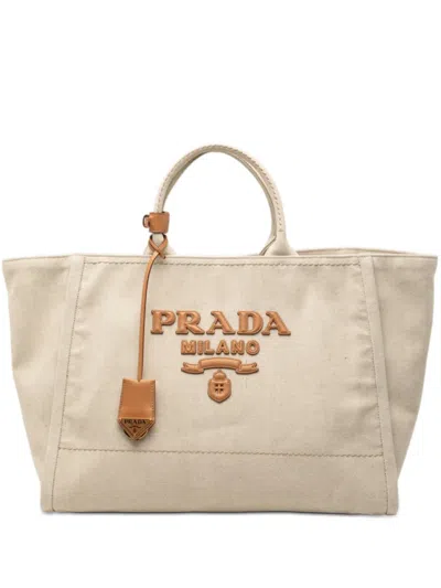 Pre-owned Prada 2000-2026 Large Linen And Vitello Logo Tote Bag In Neutral