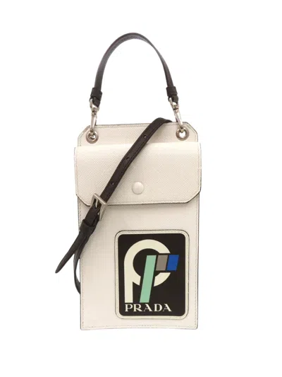 Pre-owned Prada 2000-2026 Saffiano Patch Phone Holder Satchel In White