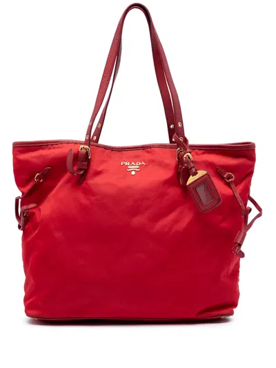 Pre-owned Prada 2000-2026 Saffiano Trimmed Tessuto Tote Bag In Red