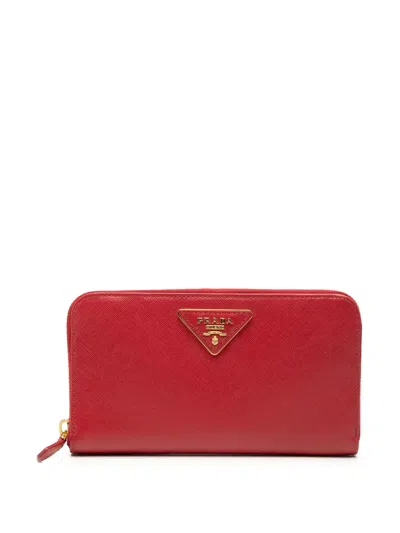 Pre-owned Prada 2000-2026 Saffiano Zip Around Wallet Long Wallets In Red