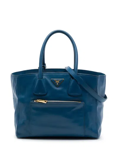 Pre-owned Prada 2000-2026 Soft Calf Front Pocket Shopping Tote Satchel In Blue