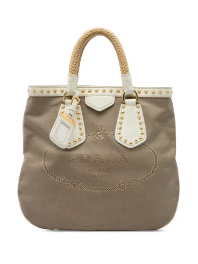 Pre-owned Prada 2000-2026 Studded Canvas Canapa Logo Rope Handle Bag Satchel In Brown