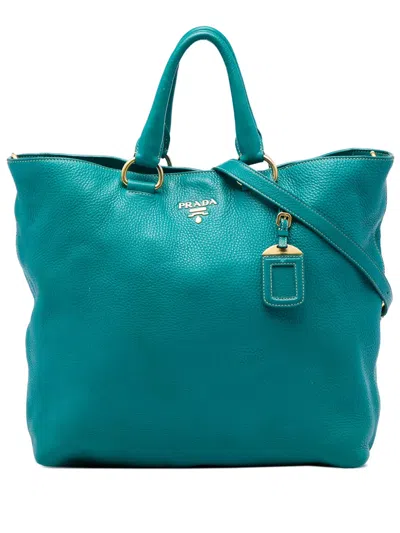 Pre-owned Prada 2000-2026 Vitello Daino Open Convertible Tote Satchel In Blue