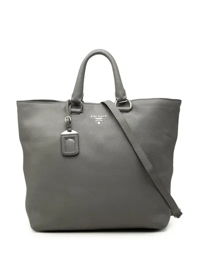 Pre-owned Prada 2000-2026 Vitello Daino Open Convertible Tote Satchel In Grey