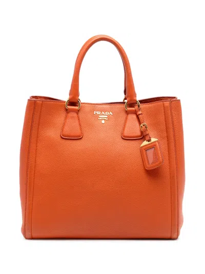 Pre-owned Prada 2000-2026 Vitello Daino Open Convertible Tote Satchel In Orange