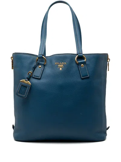 Pre-owned Prada 2000-2026 Vitello Daino Side Zip Shopper Tote Bag In Blue