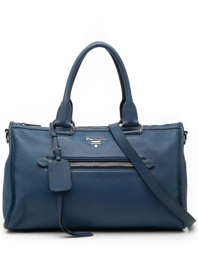 Pre-owned Prada 2000-2026 Vitello Phenix Zip Top Satchel In Blue