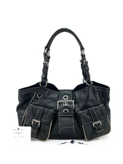 Pre-owned Prada 2000s Buckled Leather Tote Bag In Black