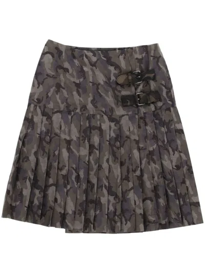 Pre-owned Prada 2000s Camouflage Buckled Skirt In Grey