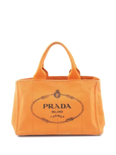 Pre-owned Prada 2000s Canapa Kanapa Canvas Tote Bag In Orange