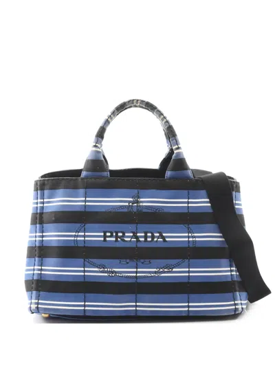 Pre-owned Prada 2000s Canapa Striped Two-way Handbag In Blue