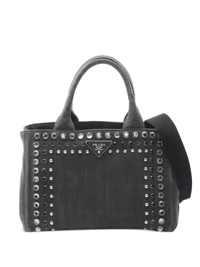 Pre-owned Prada 2000s Canapa Studed Denim Tote Bag In Gray