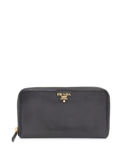 Pre-owned Prada 2000s Cervo Antic Zip-around Wallet In Black