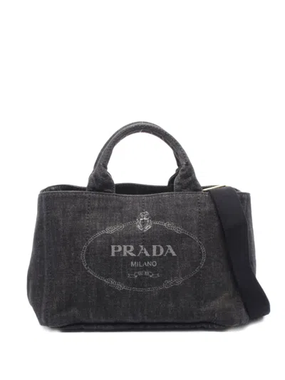 Pre-owned Prada 2000s Denim Canapa Tote Bag In Black