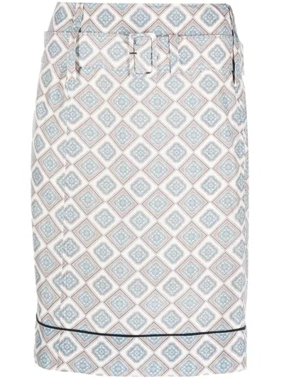 Pre-owned Prada 2000s Geometric-pattern Belted Silk Skirt In Neutrals