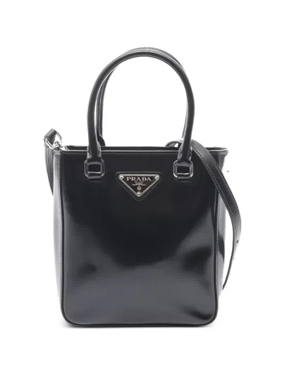 Pre-owned Prada 2000s Leather Logo-plaque Tote Bag In Black