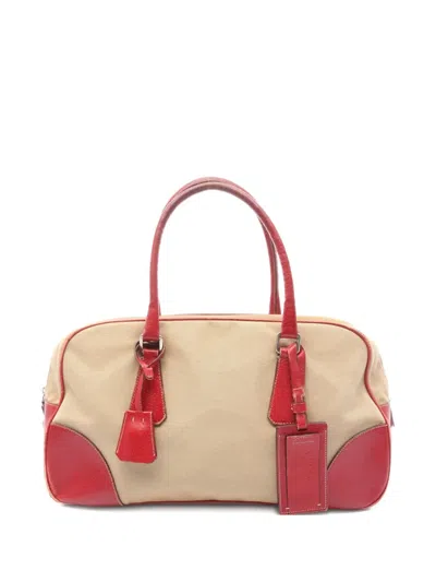 Pre-owned Prada 2000s Leather Trim Mini Boston Bag In Neutral