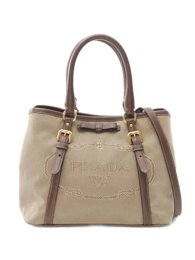 Pre-owned Prada 2000s Logo-embroidered Leather-trimmed Tote Bag In Brown