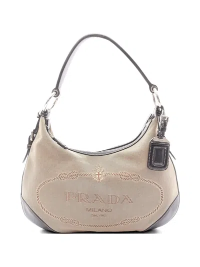 Pre-owned Prada 2000s Logo Jacquard Shoulder Bag In Neutral