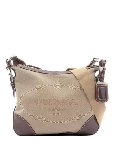 Pre-owned Prada 2000s Logo Jacquard Shoulder Bag In Neutral