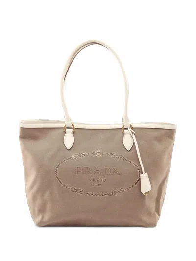 Pre-owned Prada 2000s Logo Jacquard Tote Bag In Neutrals