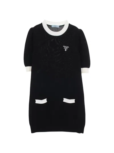 Pre-owned Prada 2000s Logo-embroidered Knitted Midi Dress In Black